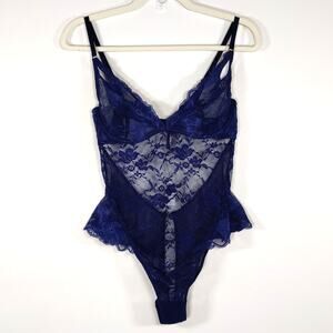 Adore Me Lace Mesh Teddy Bodysuit Navy Blue Sheer Floral M